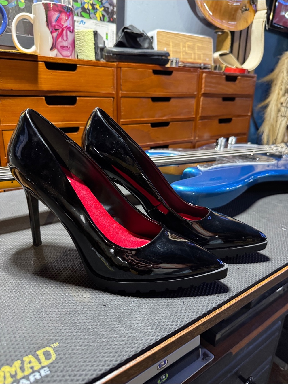 Mix No. 6 Black Patent Pointed-Toe Heels with Red Insole